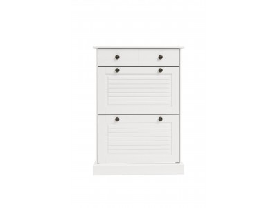 Sapateira na cor branco lavado de madeira com duas portas basculantes e uma gaveta / Coleção Mille